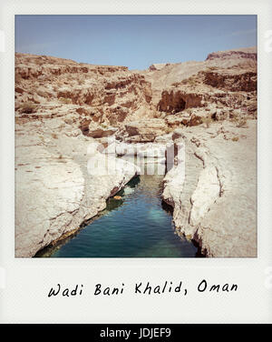 River (with turquoise water) and pool in the canyon of Wadi Bani Khalid, Oman - Vintage effect and Polaroid frame added Stock Photo