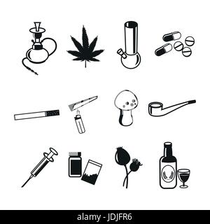 Drugs icons set. Marijuana narcotic, addiction and capsule, smoke pipe, tablet pharmacy, vector illustration Stock Vector