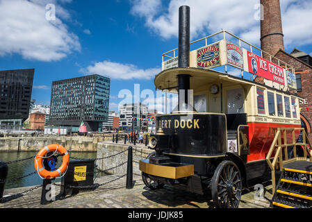 Nostalgic steam engine selling ice cream at Liverpool's Albert Dock. Stock Photo