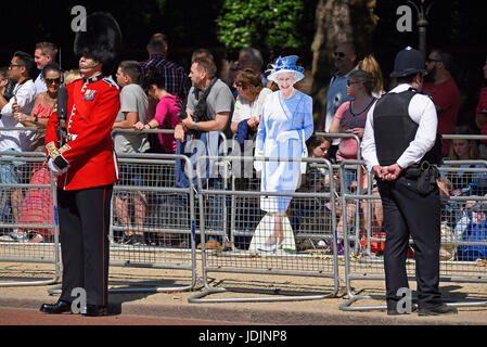 The Queen cutout amongst the crowd during Trooping the Colour 2017 in The Mall, London, UK Stock Photo
