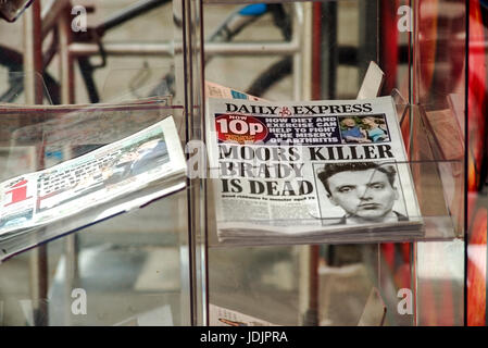Ian Brady is dead ,Moors Killer Ian Brady dies ,Daily Express newspaper headline Stock Photo