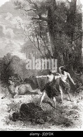 Neanderthal hunters kill a reindeer during prehistoric times.  From L'Homme Primitif, published 1870. Stock Photo