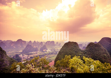 Sunset view from Moon Hill in Yangshuo Stock Photo