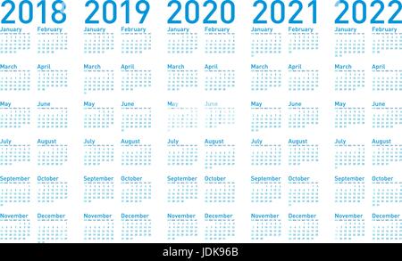 Simple Blue Calendar for years 2018,2019, 2020, 2021 and 2022, in vectors. Stock Vector