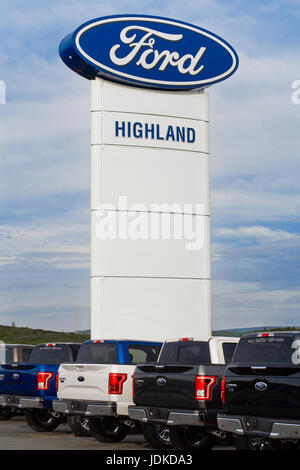 WESTVILLE, CANADA - JUNE 11, 2017: Ford dealer sign. Ford Motor Company, or simply Ford, is an American automobile manufacturer. Stock Photo