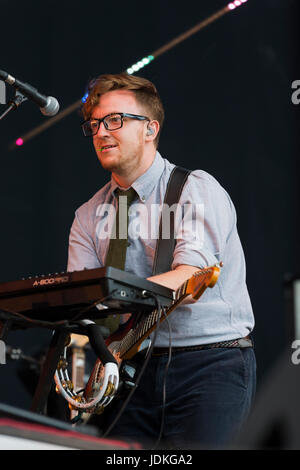 Thornhill, Scotland, UK - August 26, 2016: English indie rock band Public Service Broadcasting performing at Electric Fields Stock Photo