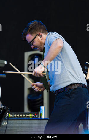 Thornhill, Scotland, UK - August 26, 2016: English indie rock band Public Service Broadcasting performing at Electric Fields Stock Photo