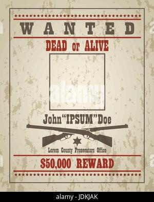 Wanted dead or alive western retro poster with grunge texture. Vector template with empty place your design. Stock Vector