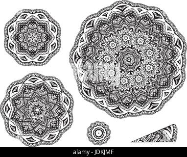 Linear carelessly drawn by hand a vector sketch ornamental mandala set. Abstract monochrome line art backdrop template collection. Black Florist decor Stock Vector