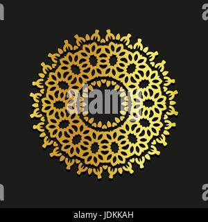 Linear gold vector ornamental mandala illustration. Abstract line art backdrop template logo. Golden beauty decorative design element on black backgro Stock Vector