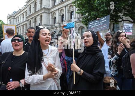 London, UK. 21st June, 2017. Protesters outside Downing Street. Day of Rage protesters march from Shepards Bush to Parliament demanding justice for the victims of the Grenfell Tower fire and Theresa Mays resignation. :Credit claire doherty Alamy/Live News. Stock Photo