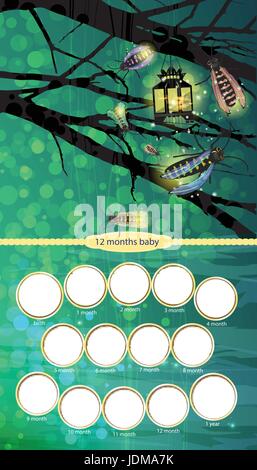 Frame. Child. Fireflies and a lantern on a tree. Night landscape. My first year of life. From birth to one year. Vertical orientation. Illustration fo Stock Vector