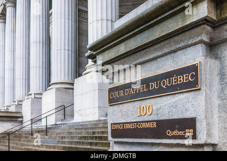 Montreal, Canada - May 26, 2017: Court of Appeals in city in Quebec region with signs 'Edifice Ernest-Cormier' Stock Photo
