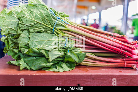 Macro closeup of large bunch of red swiss chard on table at market Stock Photo