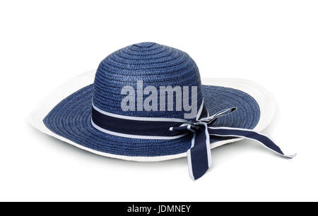 Blue straw summer hat isolated on white Stock Photo