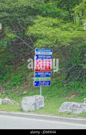 Colourful roadsign information signs in St. Maarten/St. Maartin Caribbean Stock Photo