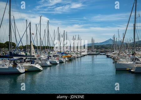 Marina with many sailboats on the piers in Hondarribia (Fuenterrabia) Guipuzcoa, Spain, Europe. Stock Photo