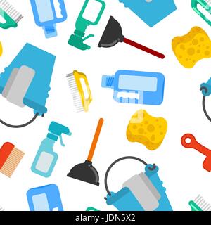 Cleaning seamless pattern. Accessories cleaner background. Brush and plunger. bucket and floorcloth. Sponge and sprayer Stock Vector