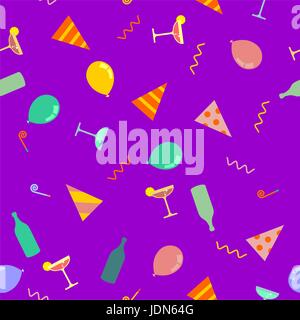 Party pattern. Celebratory cap and Party horn. balloon and bottle of alcohol. Holiday background Stock Vector