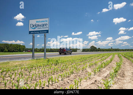 Atlanta, Delaware - A Welcome to Delaware sign beside a corn field in the southwestern part of the state. Stock Photo