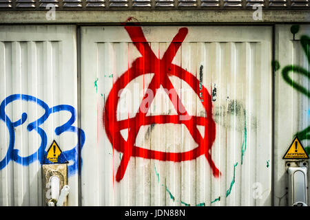 Anarchy symbol on a distributor box, Anarchie-Symbol auf einem Verteilerkasten Stock Photo