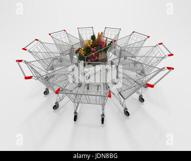 Full Shopping Cart In The Center Of Empty Shopping Carts Stock Photo