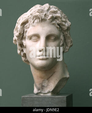 Alexander the Great (356 -323 BC). King of Macedonia. Marble bust from Alexandria, copy of a portrait of Lisipo sculpture  ca. 330 BC. Stock Photo