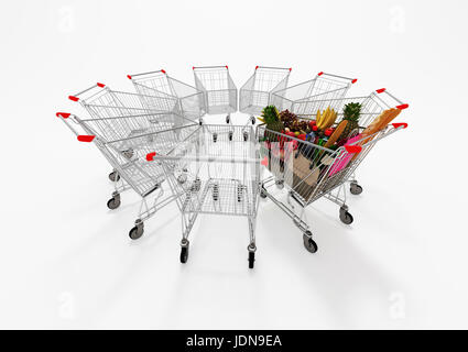 One Full Shopping Cart Among Empty Shopping Carts Stock Photo