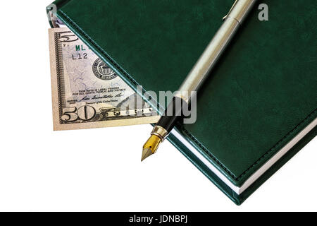 On the diary is a fountain pen. Between the sheets you see a bill of $ 50