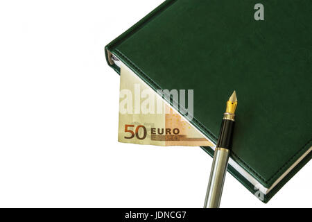 On the diary is a fountain pen. Between the sheets a bill of EUR 50 is visible