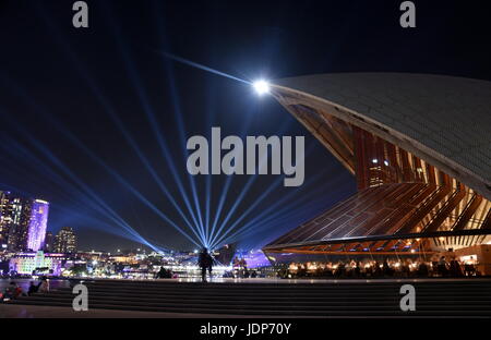 Sydney, Australia - Jun 15, 2017. City lights and laser show during the Sydney Vivid show, the free annual outdoor event of light music and ideas. Vie Stock Photo