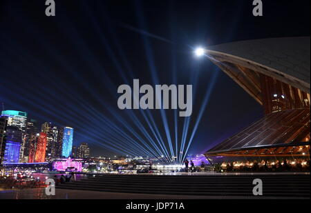 Sydney, Australia - Jun 15, 2017. City lights and laser show during the Sydney Vivid show, the free annual outdoor event of light music and ideas. Vie Stock Photo