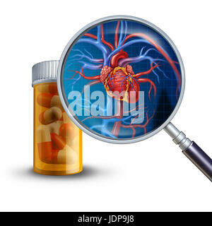 Heart medicine and cardiac medications concept as a magnifying glass on a prescription pill bottle showing a human heart with veins and arteries. Stock Photo