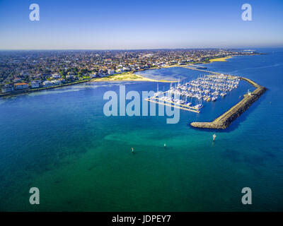 Aerial view of Middle Brighton Marina, coastline, and suburban area. Melbourne, Australia Stock Photo