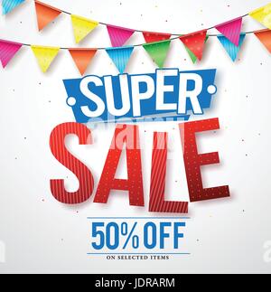 Super sale vector design with 50% off and hanging colorful streamers in white background for store promotions and party celebrations. Stock Vector