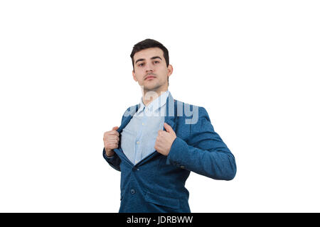 Young businessman acting with courage like a super hero and tearing his shirt off. Proud of yourself emotion isolated on white background. Stock Photo