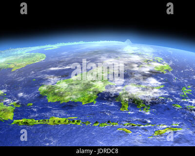 Malaysia as seen from earth's orbit in space on bright day. 3D illustration with detailed planet surface. Elements of this image furnished by NASA. Stock Photo