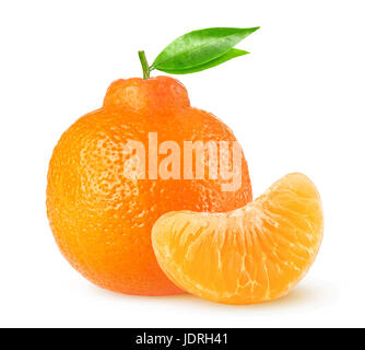 Isolated citrus fruit. Clementine or minneola tangelo whole citrus fruit and one peeled segment on white background with clipping path Stock Photo