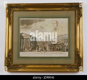 Celebration of Napoleon I coronation and crowning ceremony 2nd December 1804 (25 Frimaire year  XIII according to Republican calendar)  Coloured etching with frame (60 x 70 cm)  Muller-Quênot Collection  View from la place de la Concorde, showing the four Salles de danse decorated for the occasion with the base of the statue also raised in the middle. The celebration began with the distribution of medals and the departure of floats filled with musicians, followed by the ascent of 5 balloons, which rose majestically into the air, reaching a certain height where they collided with each other.    Stock Photo