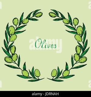 Green Olive branches, Olive Oil label design with inscription, woodcut style design, hand drawn doodle, sketch in pop art style, illustration Stock Vector