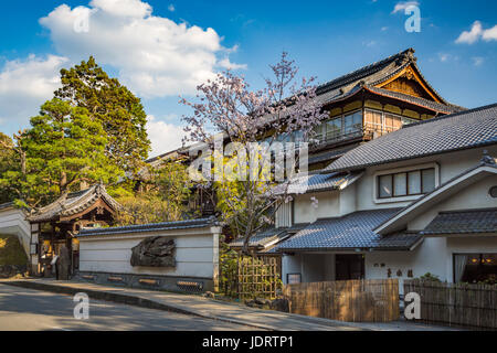 Japanese architecture and cherry blossoms in Nara Park, Nara, Nara Prefecture, Honshu Island, Japan. Stock Photo