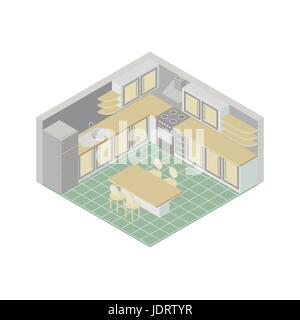 Vector isometric kitchen room icon. 3d element  includes furniture and major kitchen appliances. Stock Vector
