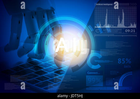 Artificial intelligence , robo advisor , robotic concept. Robot finger point to laptop button. AI text and graphic with blue background. Stock Photo