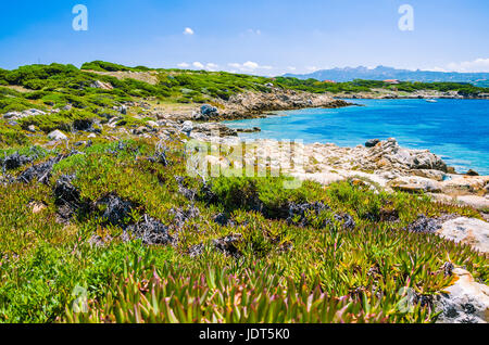 Beautiful costline with granite rocks and amazing azure water on Porto Pollo, Sardinia, Italy. Stock Photo