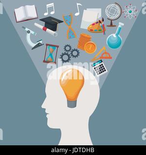 color background human head with solution idea inside and light halo icons knowledge Stock Vector