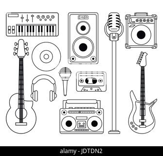 white background with monochrome silhouette of musical instruments and playback devices Stock Vector