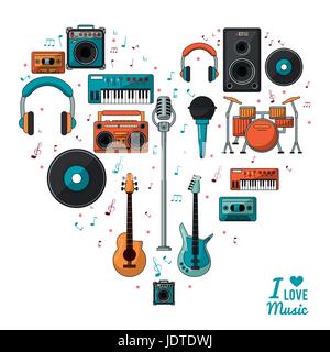 poster i love music with colorful silhouette of musical instruments and playback devices Stock Vector