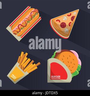 colorful background with fast foods burguer and hotdog and pizza and fries Stock Vector