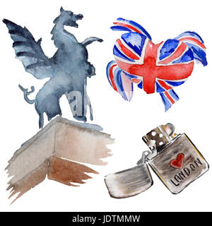Watercolor London illustration. Great Britain hand drawn symbols. Stock Photo