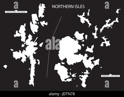 Northern Isles of Scotland map black inverted silhouette illustration Stock Vector